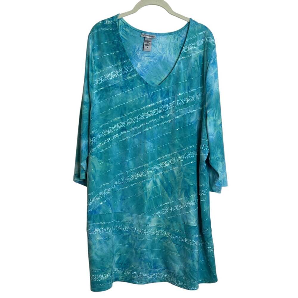 Catherines Womens Knit Tunic Size 1X Blue Tie Dye Embellished V-Neck Stretch